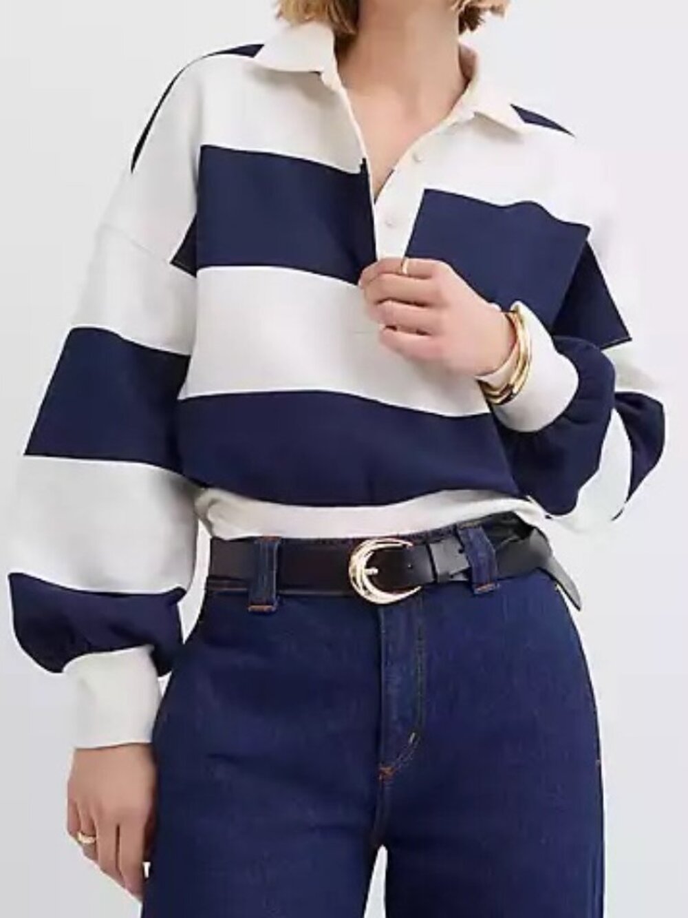 LOFT Size XS Navy & White Striped Rugby Fleece Sweatshirt
